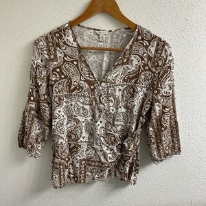 Cato Brown and White Wrap Blouse with Notched Collar